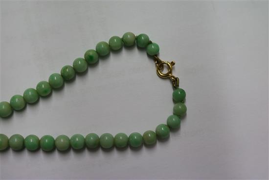 A single strand graduated jadeite bead necklace with 14ct gold clasp, 66cm.